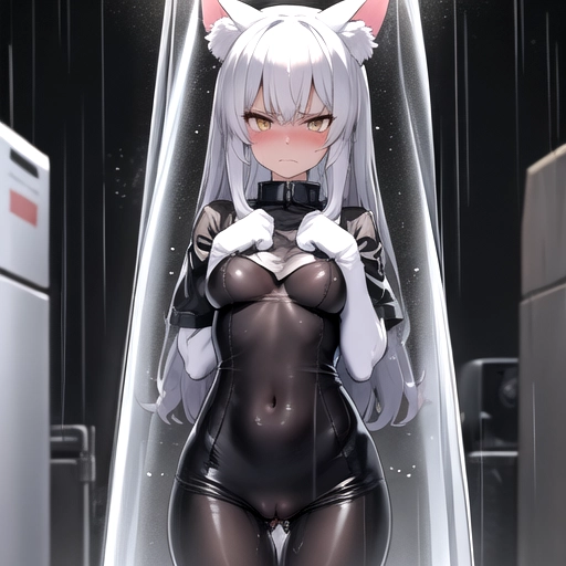 A cat girl, furry, anthropomorphic, in the rain, wet clothes, transparent clothes, transparent, frowning, wet, can see genitalia through clothes, can see breasts through clothes, embarrassed, accidental, fully clothed