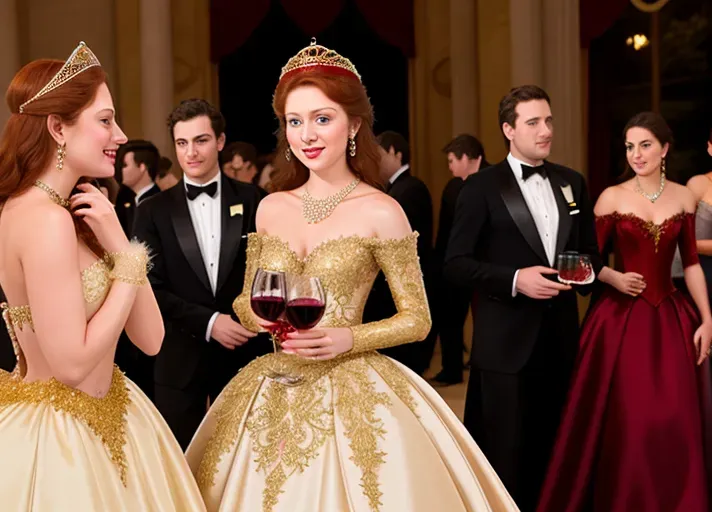 amidst the revelry of a grand late eighteen hundreds masquerade ball, where everyone is wearing ornate masks, a clumsy servant trips spilling red wine on beautiful, auburn haired, round wide blue eyes sexy Queen Anna of Arendelle wearing a satin, pearl and gold mask, and a pristine brilliant white heirloom ball gown. An opportunistic Marquies De Sade looking on. photorealistic. High resolution