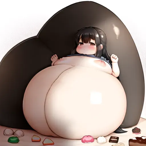 ((obese)), glutton, short, loli, fat rolls, (spilling), (covered nipples), (((gigantic belly))), laying in bed, (eating), sweets, cookies, cakes, sweating, sticky, unreal engine, sharp focus, 8k