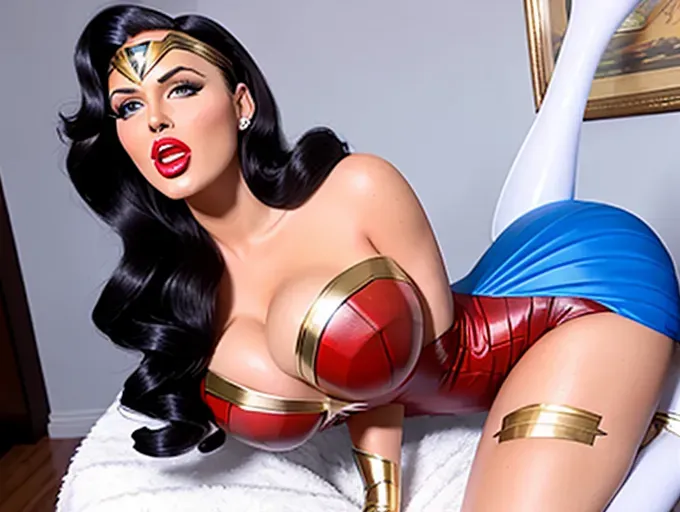 abigail ratchford as wonder woman, 50s housewife, pinup dress, sexy, tight dress, big tits, full body, bent over, fucked from behind, blue dress, bow in her hair, smiling,