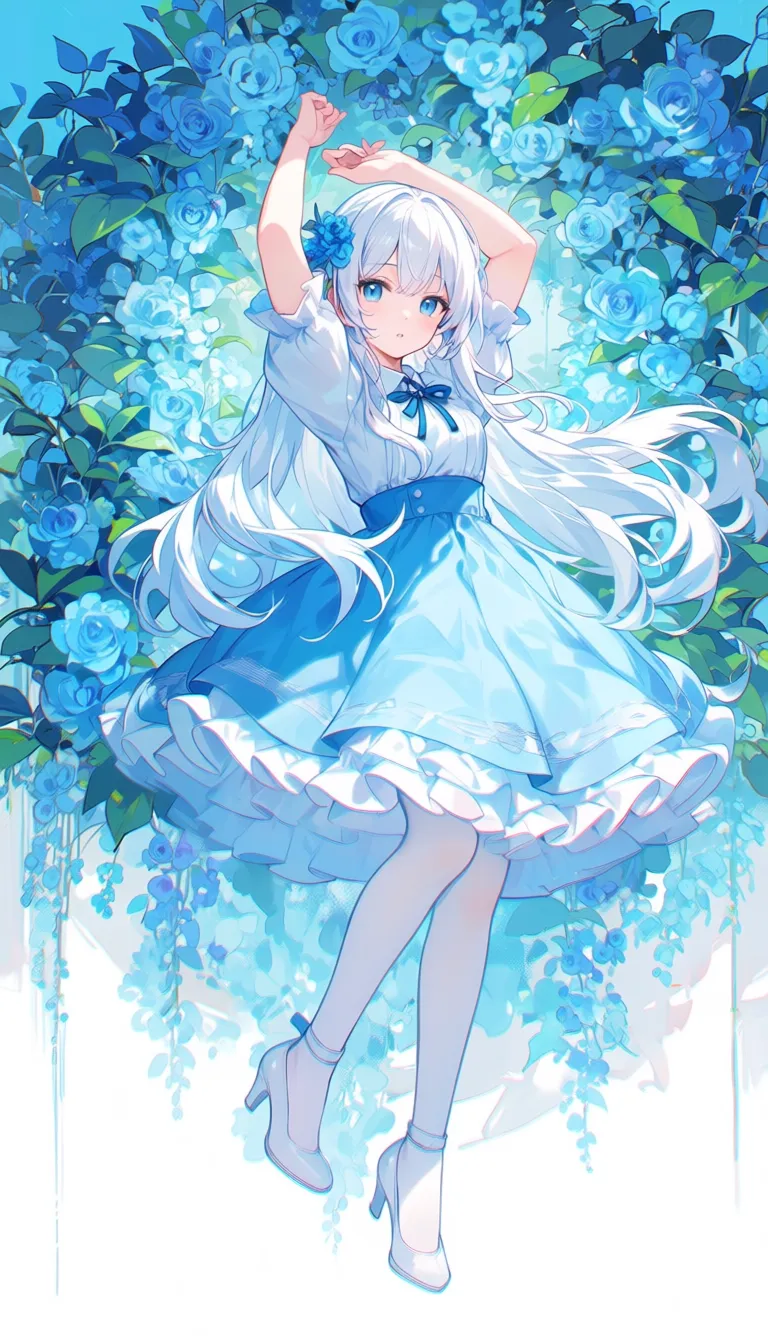 safe, absurdres, 1girl, original, arms up, blue eyes, blue theme, dress, flower, frills, full body, hair ornament, high heels, holding, leaf, long hair, looking at viewer, parted lips, plant, puffy sleeves, ribbon, shirt, short sleeves, solo, white footwear, white hair, white shirt, white pantyhose