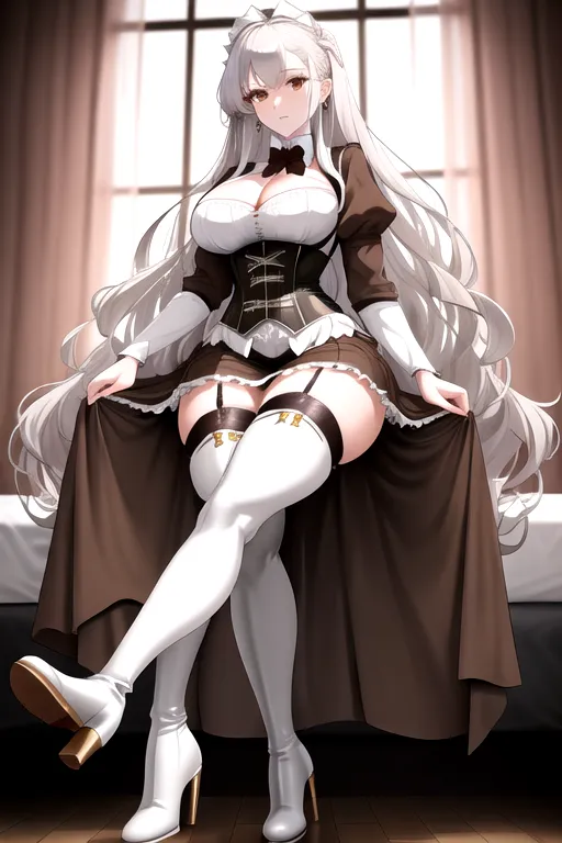 brown maid uniform, wavy hair, long hair, white hair, brown eyes, high heels, miniskirt, in bedroom, 4k, looking at viewer, pov, 1girl, cleavage, giant breasts, pale skin, silver earrings, thigh high boots, corset