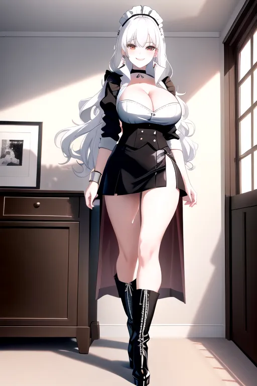 miniskirt, black maid uniform, white hair, choker, brown eyes, pale skin, giant breasts, boots, cleavage, high heels, looking at viewer, walking across room, living room, 1girl, smiling, wavy hair, 8K, Full body photo, slim body