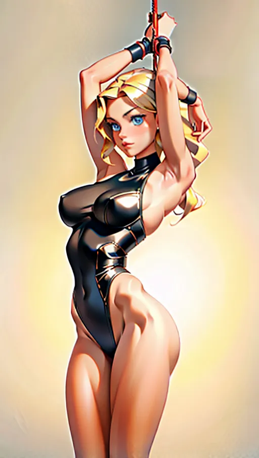 An 8k high resolution, wide angle full body x-rated photo of woman in peril, captive woman, tied to a stake in the ground, hands above head, camel toe crotch, (((BONDAGE))), corset, waist cincher, wet, sweaty, bondage, ((ARM CUFFS)), 18, blond messy long hair, front, perky medium breasts, fitness model, toned muscles, beautiful, blue eyes, long beautiful legs, small hips, perfect body, oiled body, legs toned, arched, orgasm,((((detailed female anatomical features)))),(((detailed gorgeous face features))),(((erotic scene))), beautiful lips, textured oiled skin,(((fairer skin))),(((ultra-detailed large breasts))), editorial, aesthetic scene, best quality, high definition, all body in the frame,