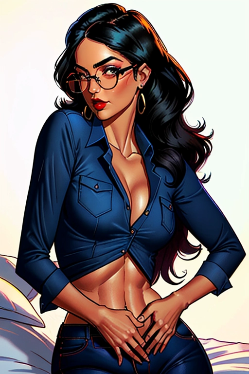 1970s, Beautiful, sexy, 70s FBI detective, Latina, long black hair, 70s hair style, pink head band, round glasses, Alexandria Ocasio-Cortez, full lush red lips, cute narrow chin, soft and curvy build, small perky breasts, thin waist, thicc ass, full thighs, smooth legs, cute feet, blue scruffled unbuttoned casual shirt, tight pleated navy blue slacks, thicc hips, laying down on her back, on the bed, inviting me to impregnate her, in the bedroom, playing with and rubbing her pussy and crotch, dim lighting in the room, FBI badge on the nightstand, ((high definition)), ((4k quality)), ((excellent lighting)), ((great shading)), ((pristine detail)), ((really clear picture)), ((beautiful vibrant colors)), ((accurate at lower prompt guidence)), ((ultra realistic)), (((five fingers per hand))), (((two arms per person))), (((two legs per person))), (((two hands per person))), (((two feet per person))), ((((100 percent according to prompt))))