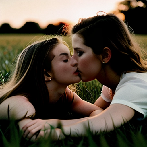 young madison m and young rachel hurd wood kissing in a grassy field, sunset lighting, shadows High definition, nude, soft focus, photorealistic, hyper realistic, incredible details, nudist, anatomically correct, small breasts, hard nipples, voyeurism, ray tracing, wallpaper, 35mm film, polaroid camera, on top of eachother, sex, full body in shot,