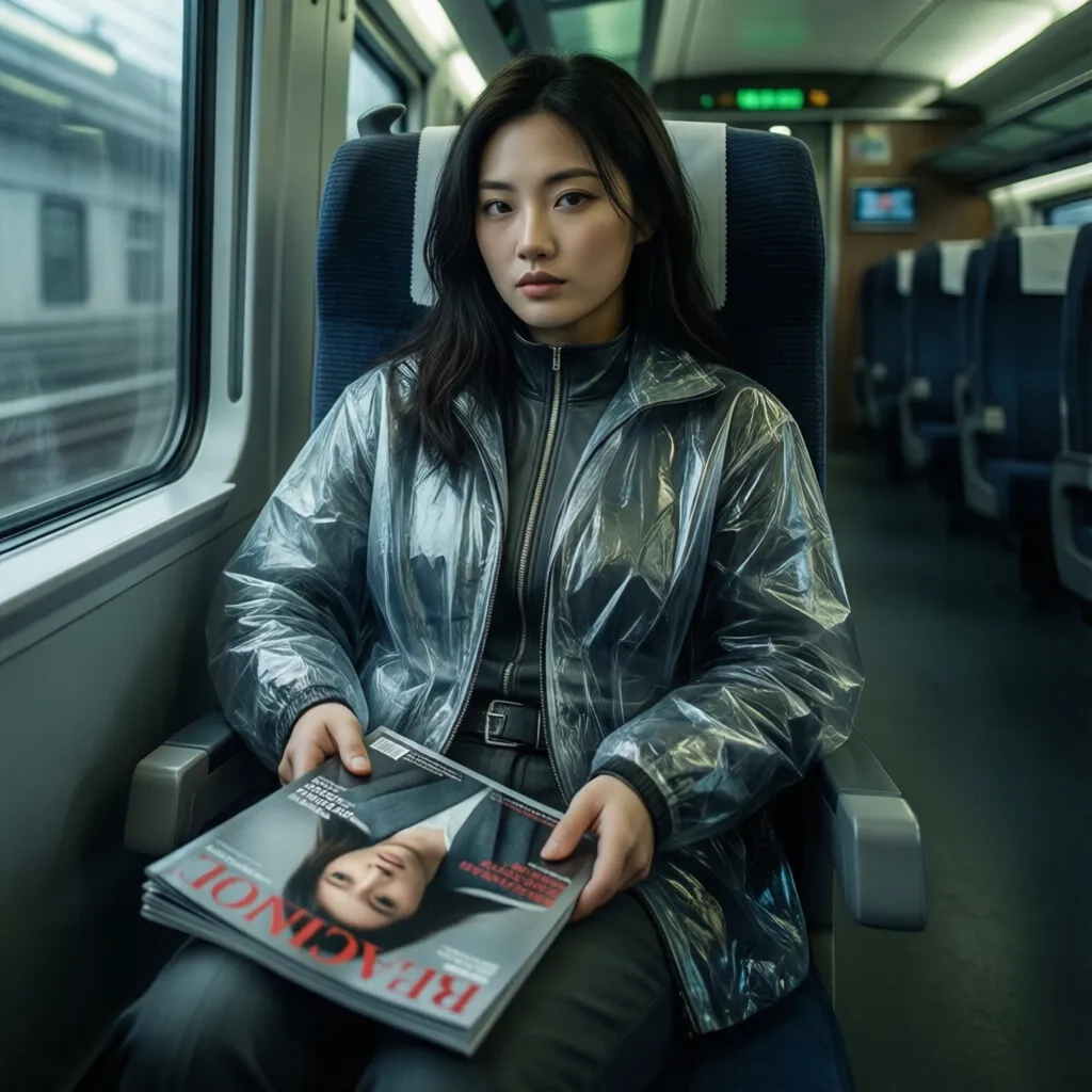 a Chinese model is sitting on a train, magazine cover, clothes made of plastic, photorealistic, futuristic style, gray and green light, movie lighting, 32K HD