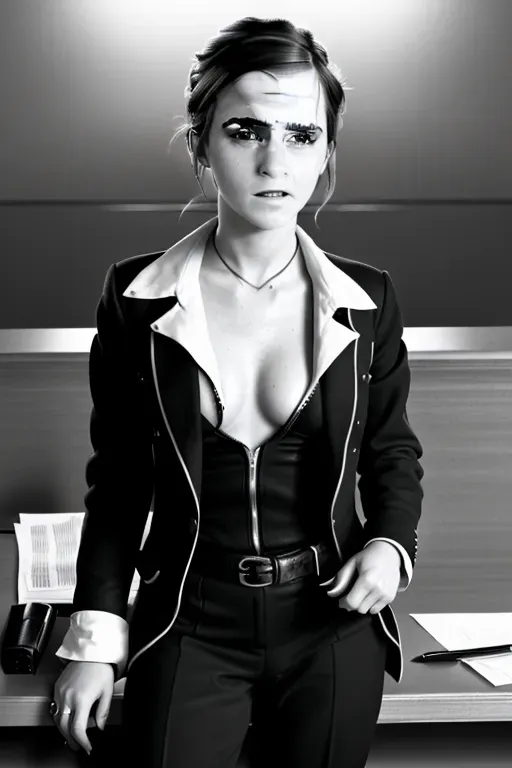8k, high Quality, high detail ,high resolution, detailed face, detailed outfit, detailed legs, big boobs out ,full body, looking at the camera, ((Emma Watson in a black suit )), (( Emma Watson in a court office)), ((Walter white))