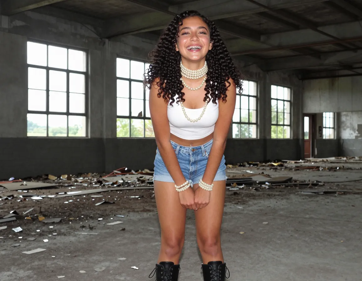 **one smiling teenage Latina, 13, with braces, almond-shaped dark eyes, caramel skin, curly jet-black hair down to her waist, tiny springy breasts just beginning to take shape, curvy hips, smooth shaved slit, elongate legs showcased in thigh-high lace-up boots; standing in an abandoned warehouse, hands tied behind her back, head thrown back laughing, camera positioned below capturing her full body and up to her face, shot in amateur style using a point-and-shoot camera, natural lighting streaming through broken windows; crop top and micro-shorts barely covering her assets, with strings of pearls around her neck and wrists, and a matching pearl-encrusted choker, hair shader in places to create provocative texture, slight gap in her teeth visible when she laughs**