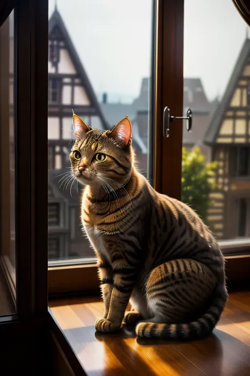 a cat looking out a window, brown fur, tabby, indoors, sfw, masterpiece, hires,exquisite detail,detailed eyes,titties
