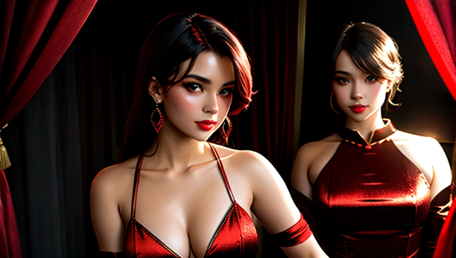 A seductive and scantily-clad individual with captivating eyes, posing in a dimly lit room with red velvet curtains. The person should have an air of confidence and allure, exuding an irresistible charm.