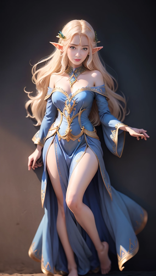 Elf, wearing noble blue dress ,full body in view, highest quality, highly detailed face, perfect eyes, five fingers hands,