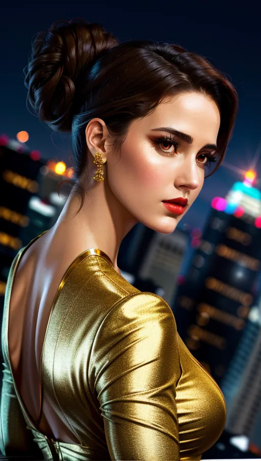 High-rise rooftop, bold young woman, city lights twinkling, Luminous Skin with Commanding Brown Eyes, a Strong Nose, and Confident Lips, Sky-high Updo, looking down, power and ambition, (dramatic close-up from a extreme low angle)., from behind