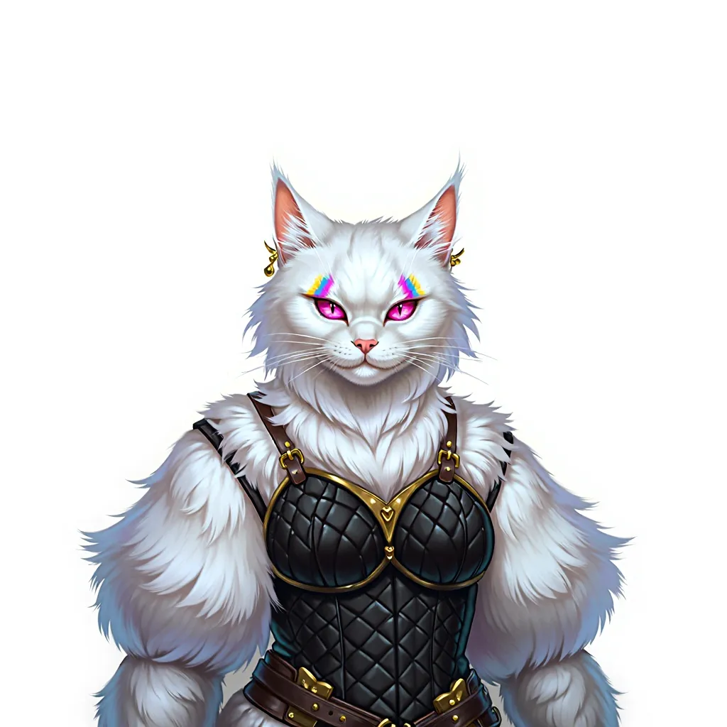 Kuri, female furry Persian catfolk, pure white fluffy fur, short white hair, magenta eyes, pansexual flag makeup (pink, yellow, cyan stripes beneath both eyes), confident mischievous smile, black and white quilted gambeson armor with gold accents, gold earrings, charismatic circus performer turned thaumaturge, occult talismans, illusion magic, elegant theatrical pose, fantasy anime, highly detailed, masterpiece, vibrant colors, clean lineart, dynamic lighting.
She wears fitted black-and-white quilted gambeson armor with subtle leather straps and polished metal accents, designed for an adventurer while still retaining theatrical elegance. The armor is practical but stylish, inspired by medieval arming jackets rather than heavy plate. Gold earrings and small decorative accessories hint at her circus past.
Her stance is graceful and theatrical, as if every movement is part of a performance. She carries esoteric charms, talismans, magical curiosities, and relics befitting a Pathfinder 2e Thaumaturge instead of oversized weapons. Her magic manifests as colorful illusion effects, shimmering ribbons of arcane energy, glowing tarot-like sigils, and mystical symbols.
High-quality fantasy character illustration, expressive face, dynamic lighting, highly detailed fur, clean linework, painterly rendering, white background or fantasy environment, vibrant colors, professional RPG concept art.