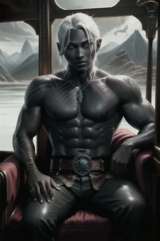 Muscular and handsome male drow hunter sitting inside a royal carriage, wearing leathers and a loose shirt, short hair, confident wicked smile, scars, red eyes, ((handsome face)), (homoerotic), white teeth, tribal tattoos, sword belt, square jaw