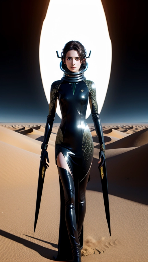 award winning photo dark brown haired woman 22 years old in futuristic clothing, alien desert world,