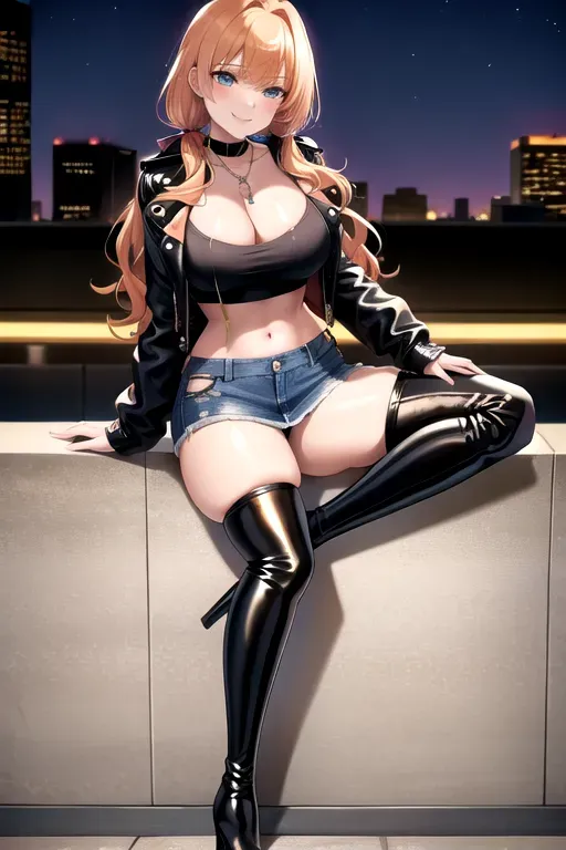 full body, strawberry blonde hair, hazel eyes, short girl, denim miniskirt, black high heeled boots, looking at viewer, long hair, pale skin, silver necklace, black crop top, 24 years old, giant breasts, cute face, pov, wavy hair, city environment, Oklahoma City, wide eyes, erotic, skirt tug, leather jacket, nighttime, black backpack, slim body, low pigtails, sitting on wall, smiling, thigh high boots, cleavage