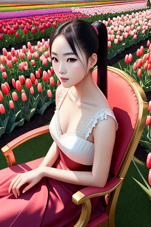 a digital art of,a chinese girl,sitting in a chair,in a tulip garden,five fingers per hand,ponytail,beautiful face,beautiful lips,black eyes,curved eyebrows,curved eyelid,pale skin,peaceful,wearing golden ring,sharp focus,professional,ultra realistic,artstation,studio lighting