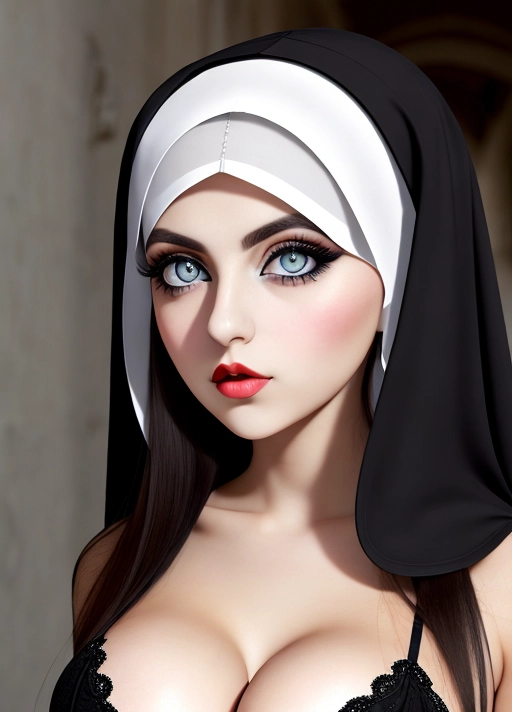 Cute Italian girl, simple grunge makeup, pale colored eyes, big wide eyes, black hair, big lips, high riding huge boobs, gigantic tits, nun, photorealistic, best quality, ultra high resolution