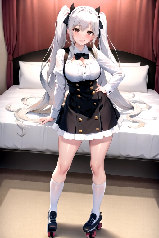 8k quality, brown eyes, pale white skin, white hair, giant breasts, cleavage, looking at viewer, pov, long hair, wavy hair, standing in bedroom, maid uniform, roller skates, miniskirt, pigtails, full body photo, smiling