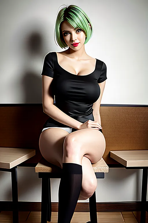 a 8k high resolution photo of,<lora:dpmg_euro_american:.55>. Limegreen hair. short hair. messy hair. black lipstick. seated on chair, show full body. show legs. show feet. show full body and legs and feet. sexy pose. looking at the camera, white silk shirt. black short skirt. detailed breasts. perfect boobs. five slender fingers. mascara. beautiful face. beautiful lips. smiling. detailed large eyes. curved eyebrows. cgsociety. bare wall. uncluttered. professional. wearing boots. Dr.Martens boots. looking into camera. feet on floor. small Breasts. flat chest. small tits. small boobs ,((((looking at the camera)))),legs akimbo,beautiful lips,textured skin,erotic pov