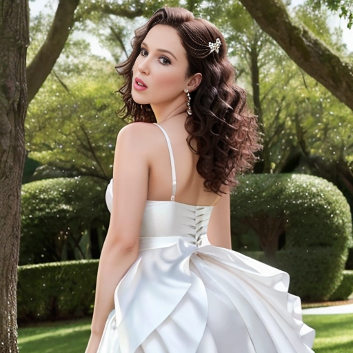 slender fingers,curly hair,beautiful face,beautiful lips,blue eyes,curved eyebrows,smooth skin,romantic,wearing golden ring,cgsociety,ultra realistic,artstation,pixiv,surreal,wearing white satin dress,orgasm face, horny eye, dpmg_awaitingtongue_v1, full body,millie bobby brown,big ass