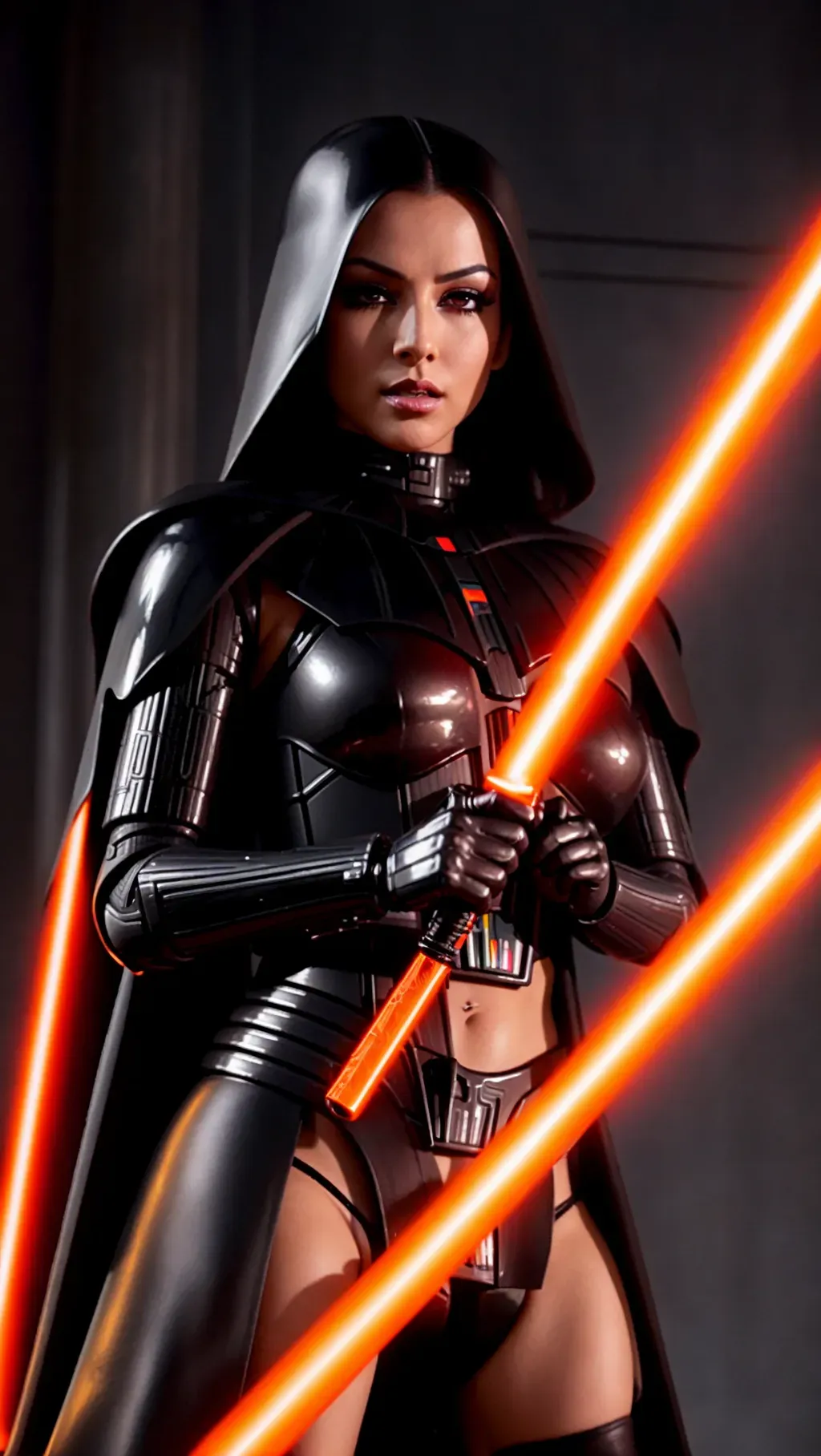 a photograph of, a female sexy Sith, full body, wearing black futuristic armor, holding darth vaders red lightsaber in her right hand, in a dark temple, with glowing orange iris five slender fingers, beautiful lips, curved eyebrows, curved eyelid, beautiful eyes, professional, ultra realistic,