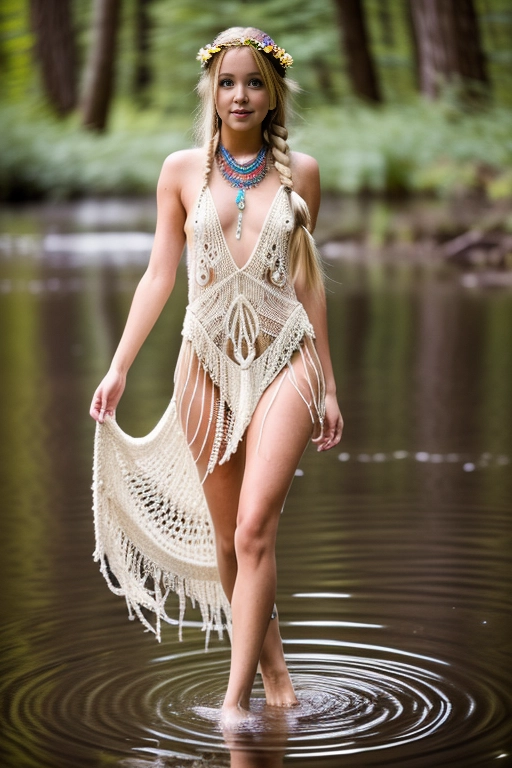 A beautiful young hippie woman, a sexy naked body, feathers decorating a blonde hippie braid hair, curvy figure with lithe features, perfect small, sexy legs, petite cute feet, porn scene, loose revealing white crochet hippie dress, walking on water at the pond in the forest