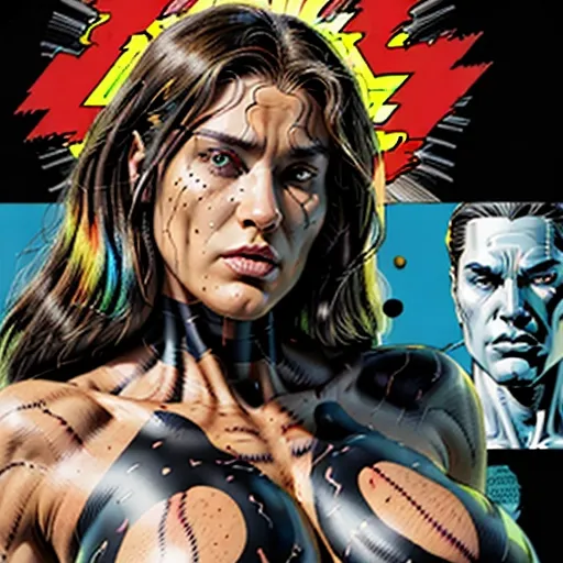 photorealistic and surrealistic film in a comic illustrations style by Mike Deodato, (interesting unique diverse complex character design that is a woman:1.2), (photorealistic detailed face:1.1), (classic stereotypical over tuned retro comics body shape and anatomy),
big variation of colors , smooth pencil brush to create a composition of vivid colors, thick black outlines, flat shading, minimal highlights ,interesting detailed Foreground and background depth are clear giving visual complexity to the scene