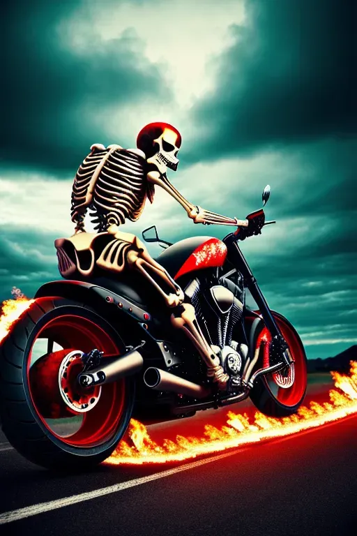 realistic skeleton, accurate bones, riding motorcycle, wheels made of fire, apocalyptic background, dark red sky, black clouds