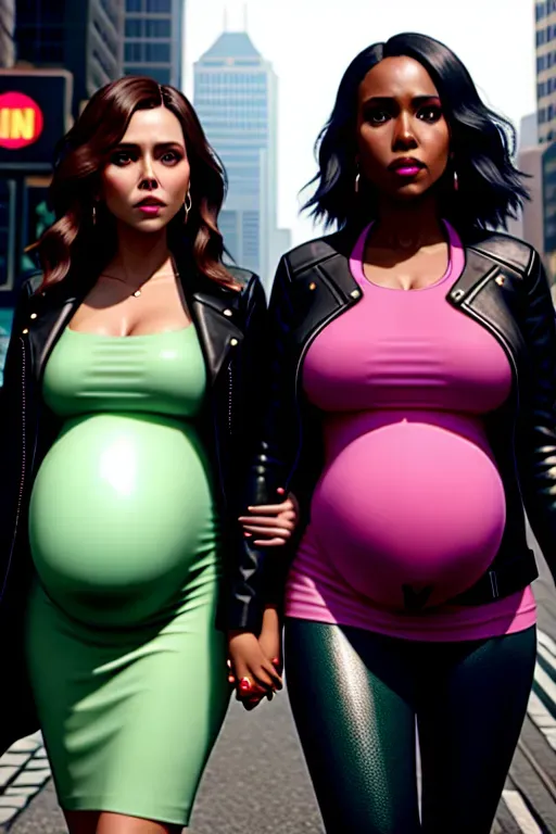 a hyperrealistic photograph of a (very pregnant) woman Elizabeth Olsen, and another ((slightly))( pregnant) woman Kerry Washington, walking down the street in cyberpunk 2077 holding hands, they are flirting, they have big breasts,five fingers per hand, accurate face, detailed face,beautiful face,beautiful lips,green eyes,curved eyebrows,curved eyelid,textured skin,joyful,tattoo,ultra realistic,unreal engine,smooth,8k, cinematic lighting