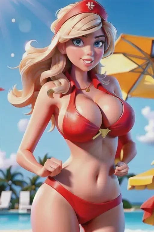 Kate Upton
Dressed like a lifeguard
Deep cleavage