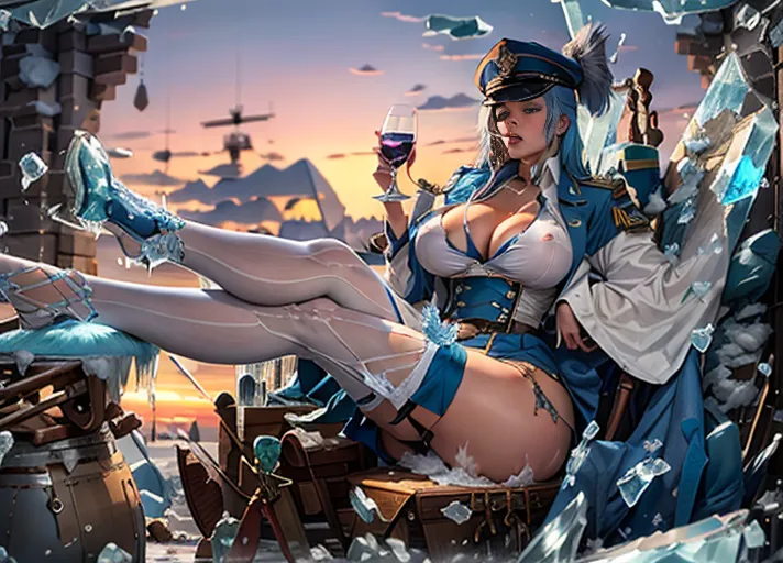 Pornstar with blue hair, sitting on a throne of ice, military uniform, shirt unbuttoned, skirt showing ass and pussy, military cap, huge boobs, blue hair, drinking a glass of wine, cum covered tits