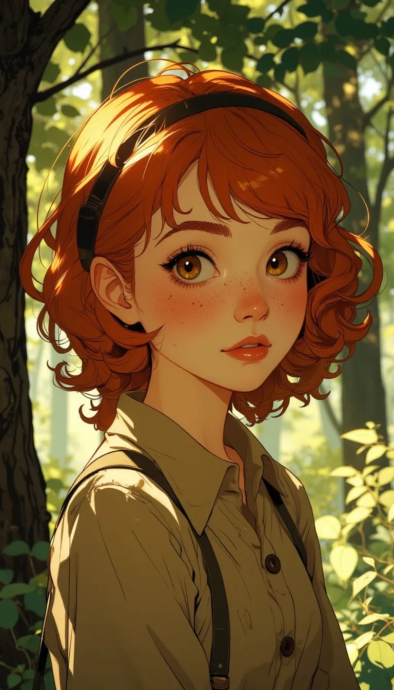 Anime style.
a kawaii redhead girl with freckles looking at the camera. cute face, She has big red almond eyes and is looking at the camera. in the background there is a tree.