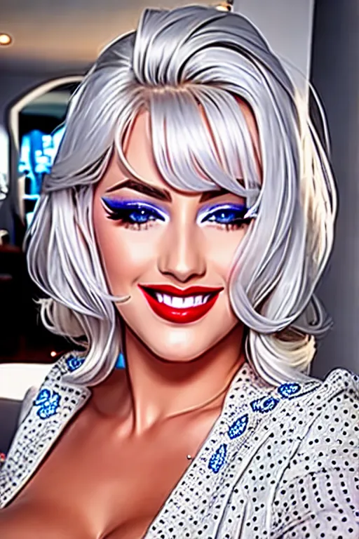 platinum blonde
beautiful face
red lipstick
fake eyelashes
silver eyeshadow
curved eyebrows
dark room
blue eyes
sharp focus
very large breasts
see through dress