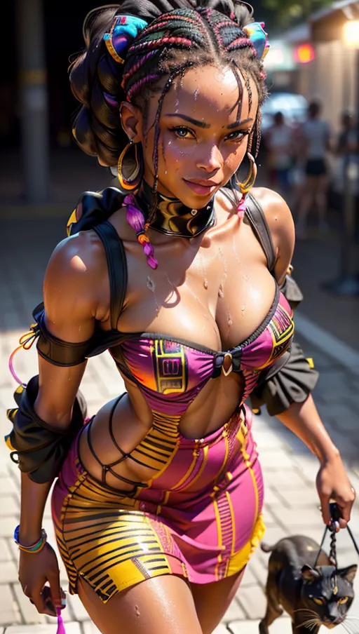 A professional photograph, (a beautiful sexy black woman (19) is walking with her leashed panther during a hot morning in a modern African city, short African braids, (in a sexy African (colourful:1.5) dress with ((wide shoulder pads))), stomach exposed, sunshade, (smile:1.2), beautiful face, beautiful grey eyes, highly detailed, perfect small breast, perfect hands, ((close-up)), (glistening with sweat:1.1), vivid colours, bokeh, cinematic lighting, cinematic composition, 32k, HDR, highest quality, highest resolution, (photorealist:1.72),(photorealism:1.72), (masterpiece:1.18), --s 750 --v 5.2