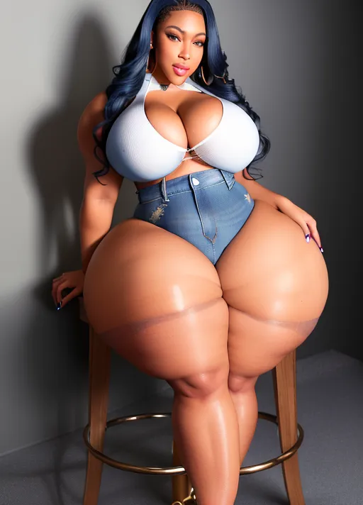 lightskin heavy thick curvy legs spread apart sitting on stool ebony girl (((thick hips))) (((voluptuous))) huge breast open white shirt tight ((blue Jean shorts)) huge nipples (curvy) huge cleavage thigh high stockings heels full body photo curvy slimthick (((sexy grin))) (nude breast)