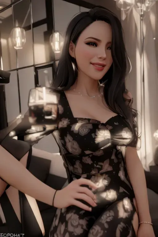 an ultra realistic photograph, (wearing black stockings),sitting,in living room,amazing breasts,five slender fingers,highly detailed,bokeh,cgsociety,sharp focus,artstation,film style,happy,joyful,smiling,wavy hair,looking at camera,((accurate face)),((accurate face), peneteated