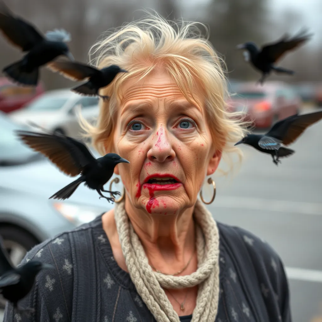60 year old woman attacked by blackbirds birds in a parking lot, bloody face