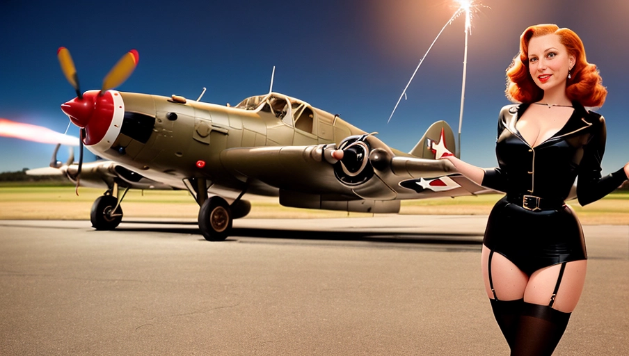 1940s era Pin up pose, 1940s era pin up outfit, long Legs, standing, thigh gap, legs showcased in photo, (thigh high seamed stockings), WWII B-17 bomber nose art, redhead wavy hair, (1940s era hairstyle), United States Patriotic scene, Red platform high heels, 40 years old, outdoors on a vintage WWII airfield, sexy pose, American flag themed dress, holding (a sparkler in hand), ((nighttime))
