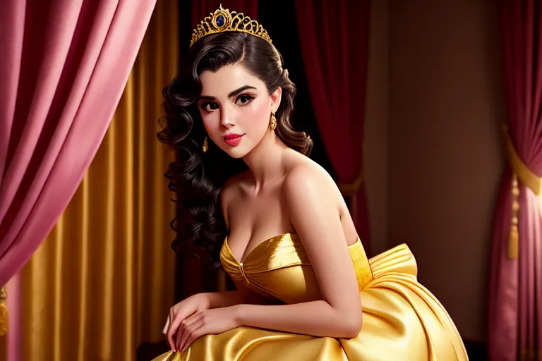 a photograph of,a young actress,wearing princess dress,squatting,in a hotel room,five fingers per hand,wavy curtain bang,charming face,beautiful lips,curved eyebrows,joyful,wearing golden ring,studio lighting,professional,smooth,editorial,artstation