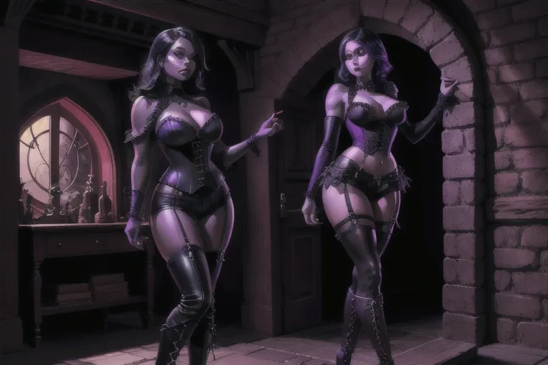 Drow rouge in an underground mansion, wearing tight black leather micro short shorts, high heeled boots, front lace up corset that shows some stomach, lots of cleavage showing, huge breasts, full lips, black hair, purple eyes, tiny waist, leather collar,