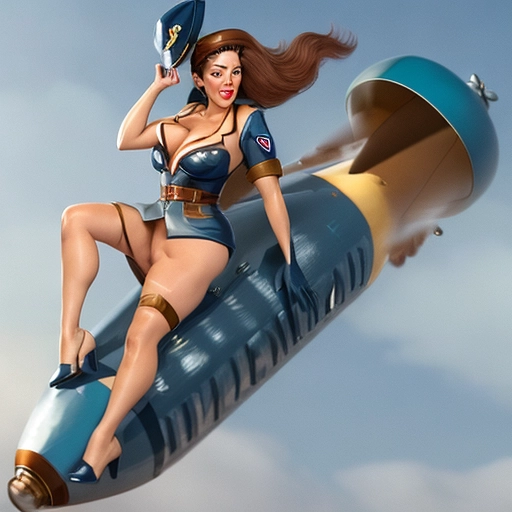 sexy milf with curly chestnut hair, buxom with a large firm shapely ass nude riding a falling bomb with blue sky around her, she is completely nude while wearing a luftwaffe officer cap atop her head, her face has a sexy look she has two arms and her legs are straddling the bomb