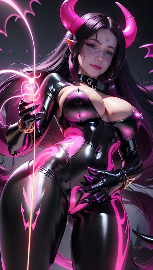 best quality, (((ultra high res))), (((detailed face and eyes))), (perfect face), (big shining heart choker), earrings, jewelry, (((big glowing succubus mark))), ((((big glowing succubus bodymark)))), (((conjuring))), (witch), ((long voluminous hair)), (((black latex gloves))), ((black hair)), (((golden bracelet))), (((huge hair cuff))), (((pink skintight neckholder))), ((face closeup)), (lipstick), (((neckholder))), ((((demon tail)))), ((black long sleeves)), ((purple glowing heart)), (((big cameltoe))), (((demon mark))), heart on womb, (((((bright pink glowing skin tone))))), (((straight black hair))), ((pink glowing clothes)), ((huge boobs)), ((luminescent)), (((from below)))