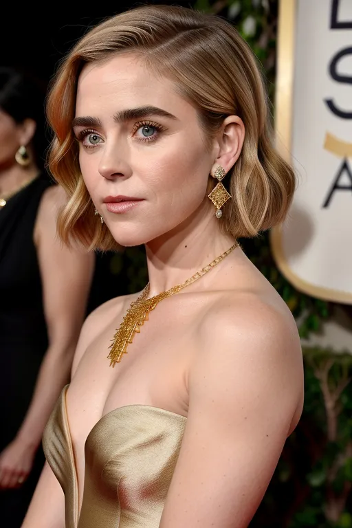Kiernan Shipka, 40 years old, low-cut long flowing dress, perfect hair, detailed face, detailed eyes, small gold necklace, small gold earrings, waiting on her date