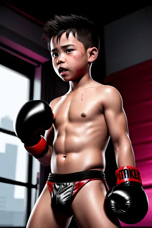 Full body little boy with a aroused expression in a g-string thong and boxing gloves, bedroom, cartoon network, 4k, vibrant colors, trending on deviantart , trends in artstation, high details, sweaty and bruised, sweat, bruised, bulge, wounded, blood, bleeding