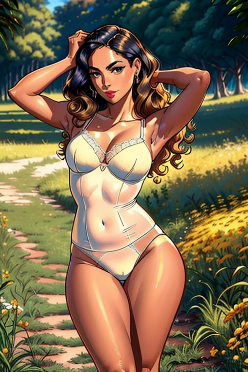 1950s, Alexandria Ocasio-Cortez, house mom, milf, beautiful, medium golden curly hair, soft and curvy build, small perky breasts, thin waist, thicc ass, full thighs, smooth legs, cute feet, wavy see through gown, 50s bra and panties, walking in midst a meadow alone, noontime, ((high definition)), ((4k quality)), ((excellent lighting)), ((great shading)), ((pristine detail)), ((really clear picture)), ((beautiful vibrant colors)), ((accurate at lower prompt guidence)), ((ultra realistic)), (((five fingers per hand))), (((two arms per person))), (((two legs per person))), (((two hands per person))), (((two feet per person))), ((((100 percent according to prompt))))