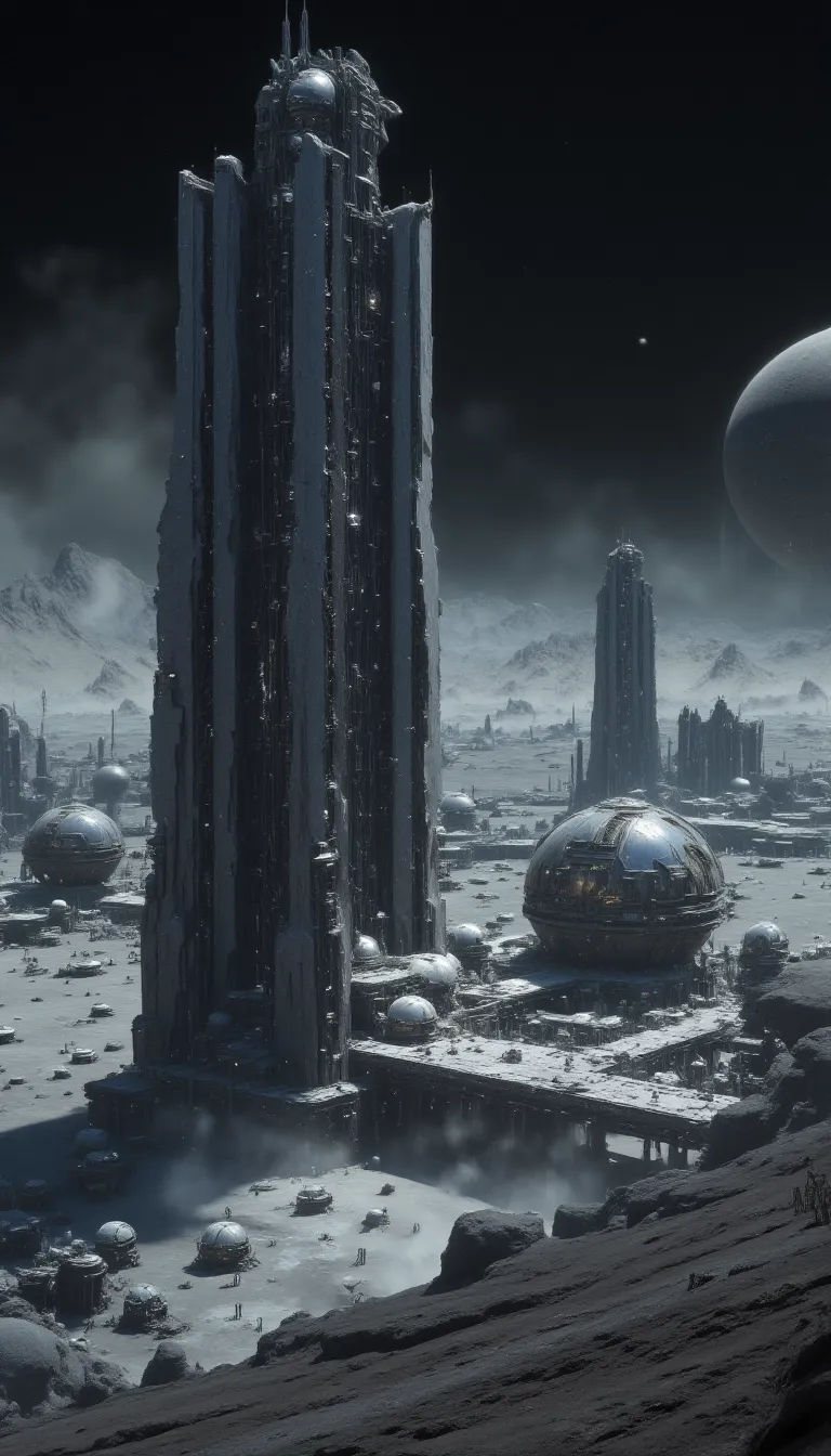 (8k, best quality, masterpiece, ultra high definition:1.2), masterpiece oil painting, landscape of a futuristic sci-fi moon base, gleaming metals and ceramics, cratered environment, domes, dusty, thin haze, a large unknown dark striped planet dominating the skyline