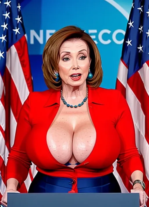 curvy realistic nancy pelosi with massive breasts at the podium showing cleavage. (giant boobs in bra) ((unnaturally large breasts)) (((curvy tits spilling out of shirt)))