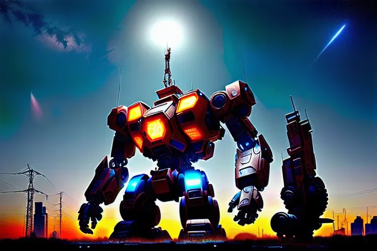 intricate clear night, giant cyber robot with glowing lights Biomechanical junkyard titan, towering monster robot made of scrap parts, breathtaking visceral art in the style of gustave bauman, by Alejandro Burdisio, Tyler Edlin, Jean Baptiste Monge, Simon Stalenhag, Anton Fadeev Bird eyes view, Epic scale wlop rossdraws 10k resolution